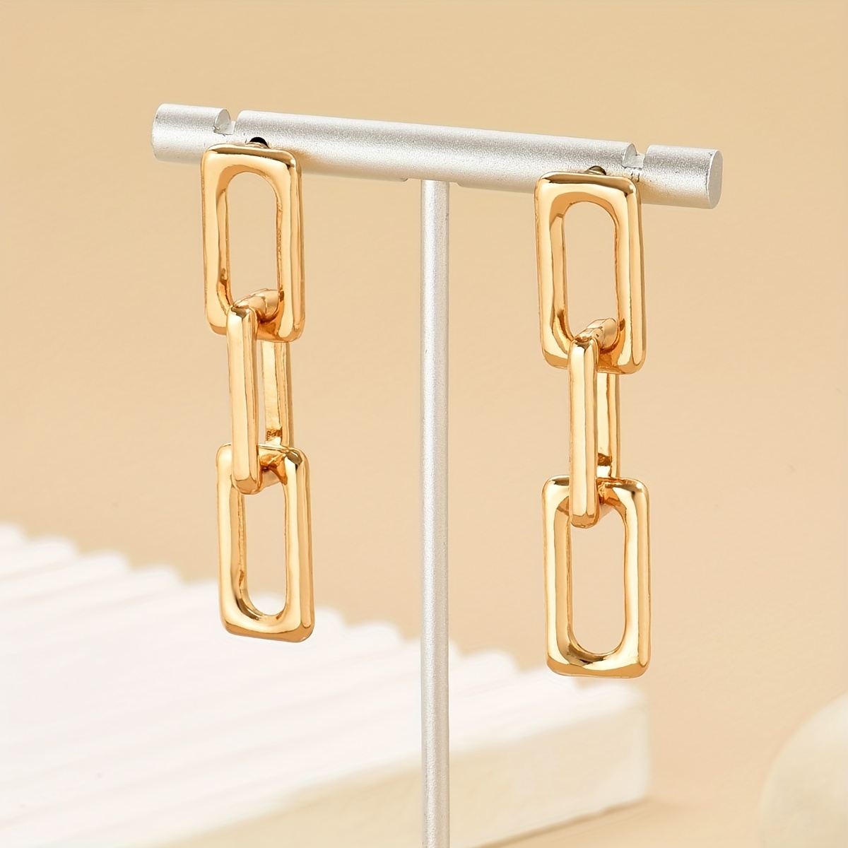 Fashionable Long Rectangular Chain Lock Earrings, Gift for Her